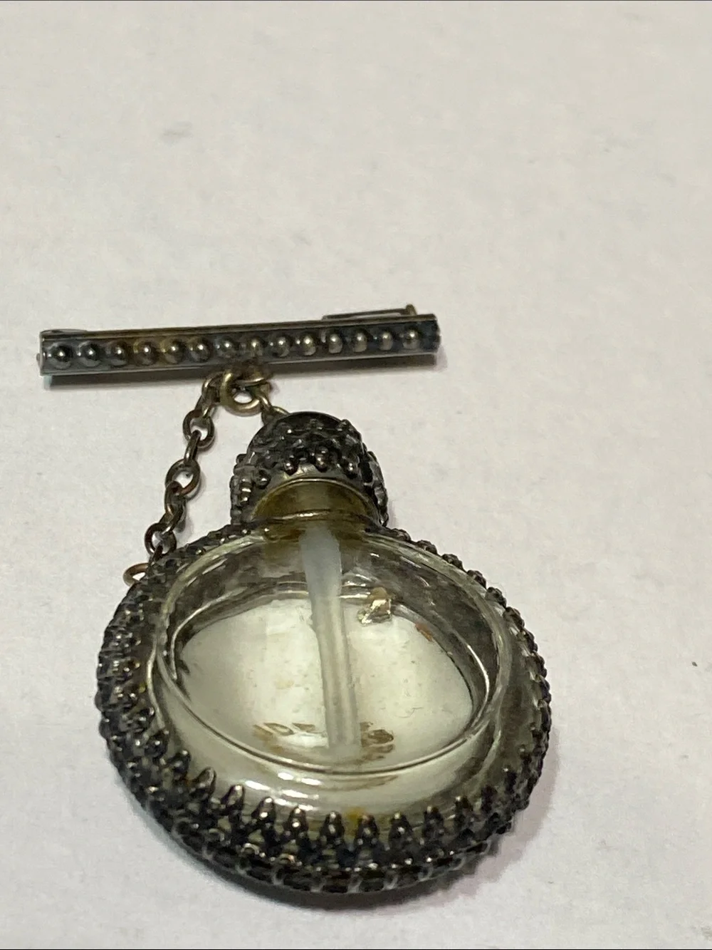 PRETTY Vintage Limoges Silver tone floral Filigree Perfume Bottle bar Pin Brooch